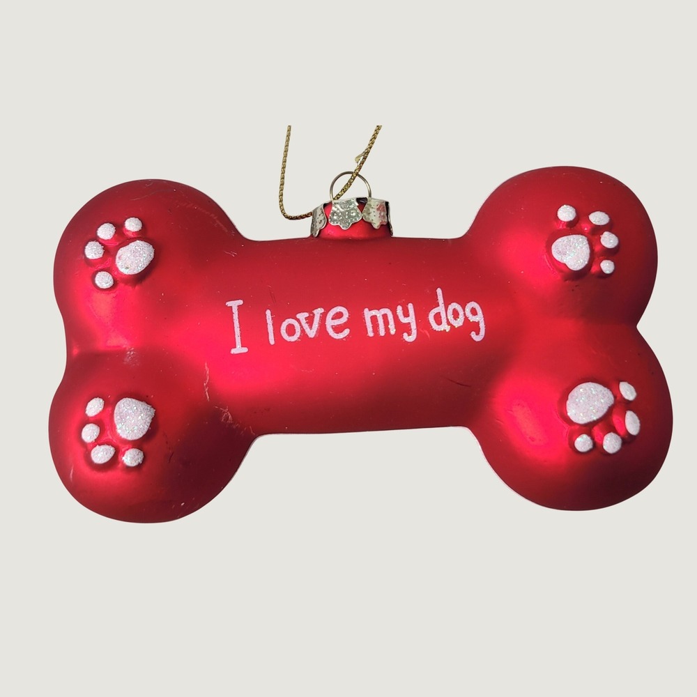 Red Glass Dog Bone Christmas Ornament I Love My Dog Paw Prints Holiday Decor